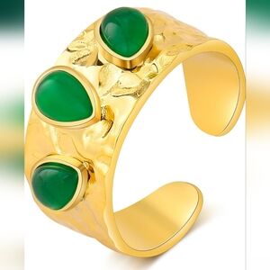 18K gold-plated boho ring, jade green
